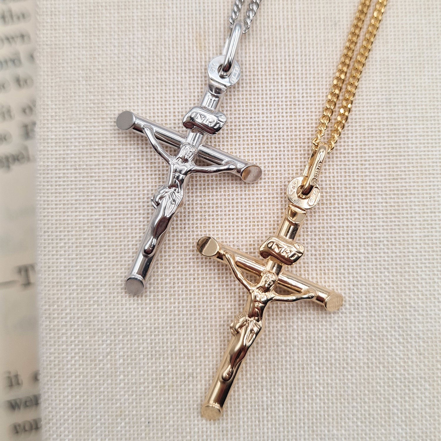 GOLD CROSS NECKLACE / Gold Celtic store Cross + Blue Topaz and Freshwater Pearl Rosary Chain / Tiny Gemstone necklace / Gold Cross Charm / Faith