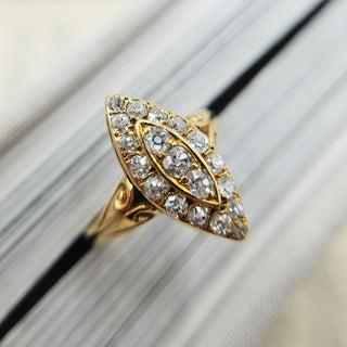 antique 18ct gold navette ring with old cut diamonds