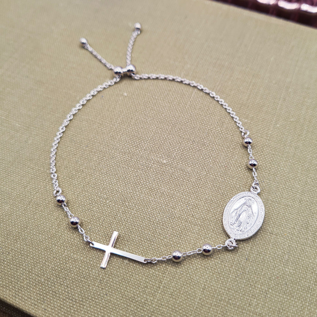 Sterling Silver Adjustable Rosary Bracelet Virgin Mary Cross