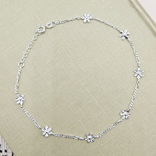 925 silver figaro anklet with flower charms
