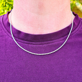 9ct white gold rope chain on men's neck