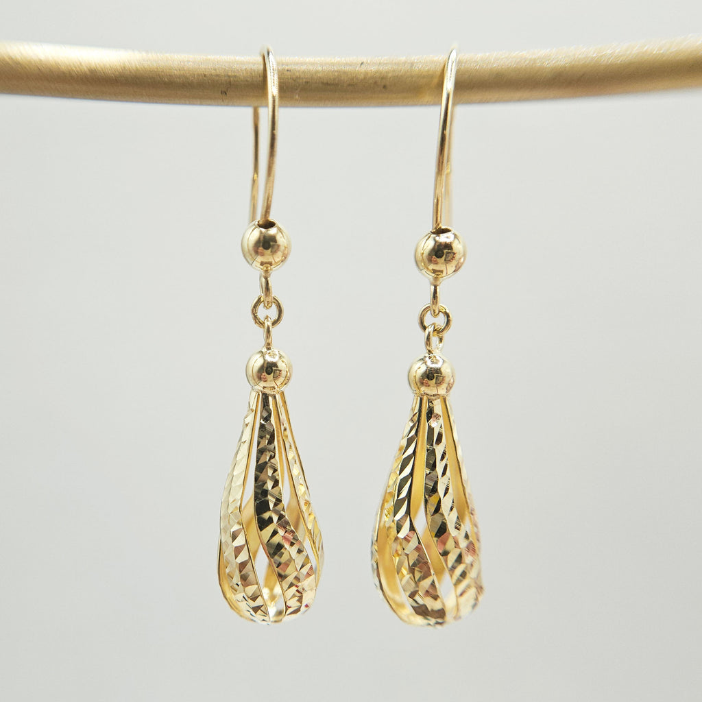 9ct Gold Teardrop Dangle Earrings Diamond Cut Design Sterling