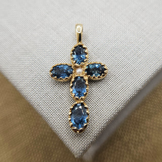 solid gold cross pendant with sapphire & pearl