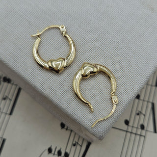 Close-up of 9ct yellow gold heart creole earrings showing hinged post clasp and 375 hallmark