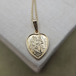 9ct yellow gold heart shaped st christopher pendant necklace