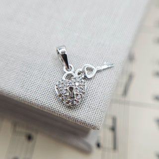 Micro Silver Heart Padlock & Key Charm