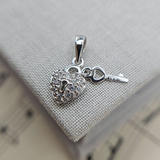 Micro Silver Heart Padlock & Key Charm
