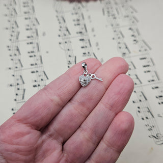Micro Silver Heart Padlock & Key Charm