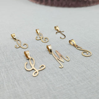 9ct gold letters C, E, J, L, M & S script pendants