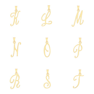9ct gold letter pendants: K, L, M, N, O, P, R, S T