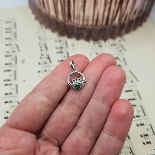 Small Silver Claddagh Charm with Green Gem 