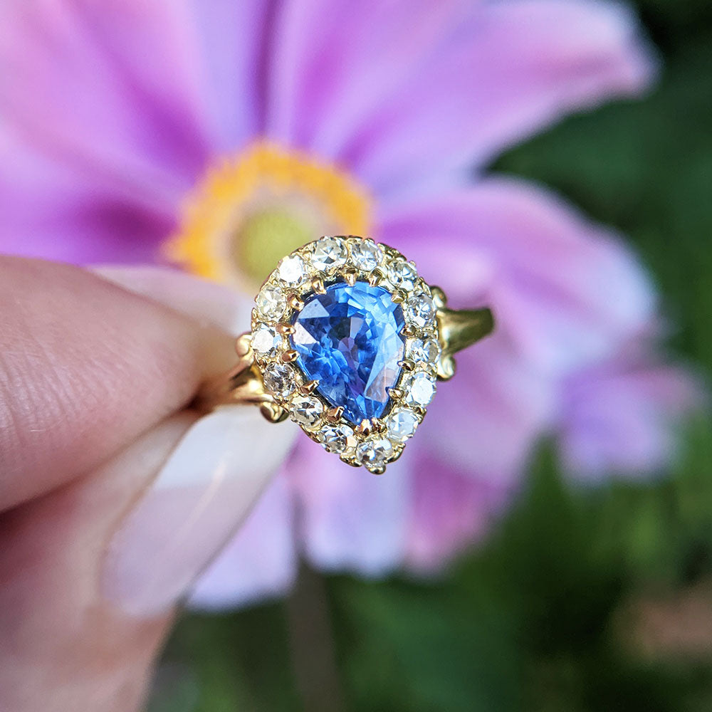 another view of the beautiful pear sapphire ring