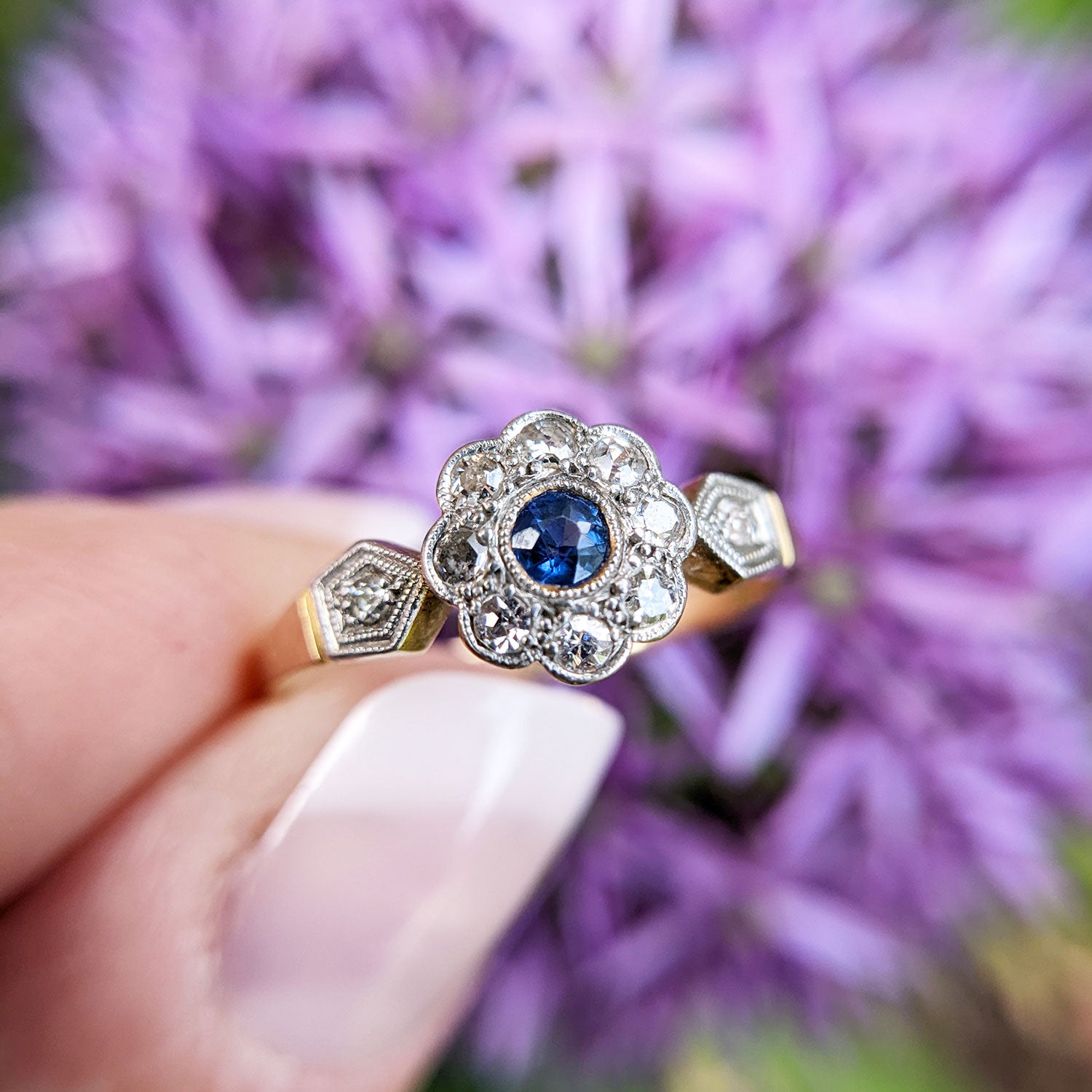 Antique 1920s Sapphire & Diamond Cluster Ring for sale in Co. Kildare for  €3,950 on DoneDeal