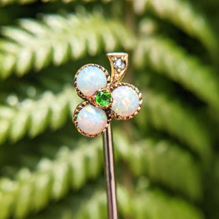 antique stick pin with opal and demantoid garnet
