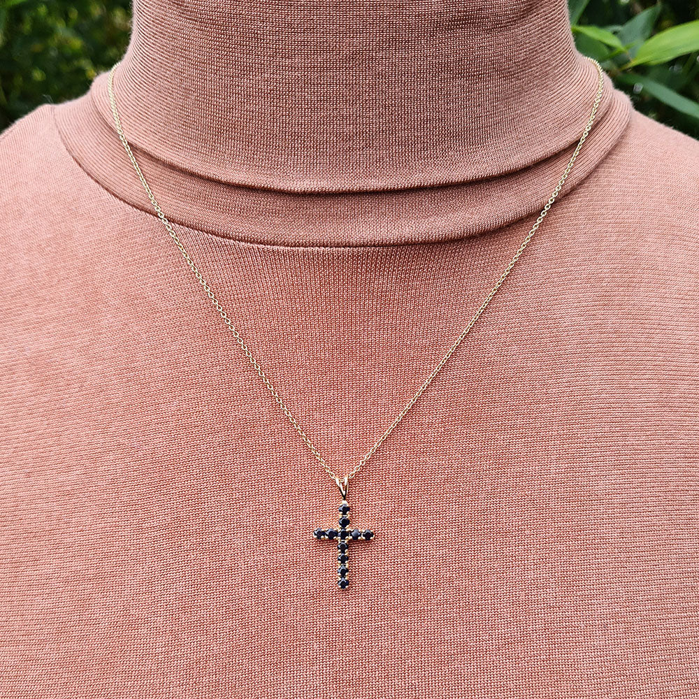 sapphire cross and chain in gold
