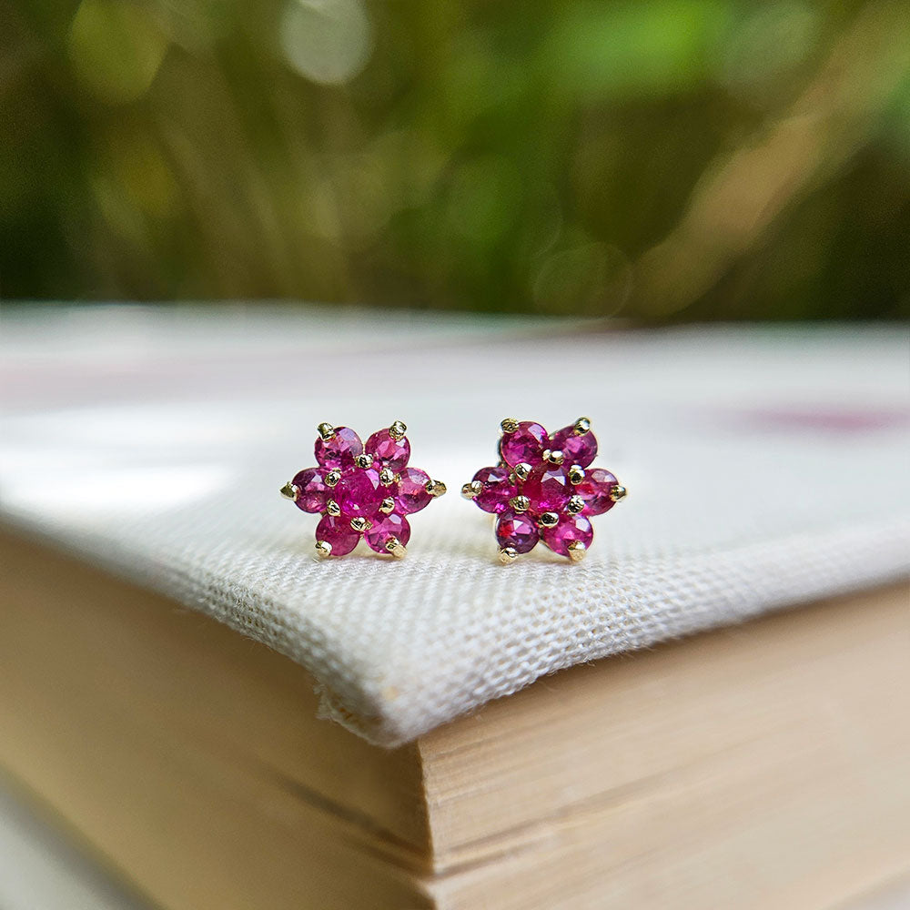 9ct Gold Ruby Flower Stud Earrings July Birthstone