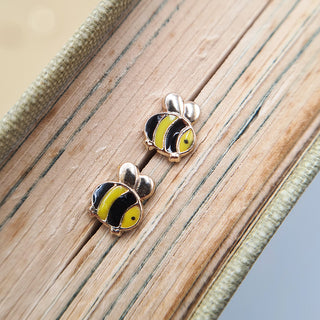 children's gold stud earrings in bumblebee enamel