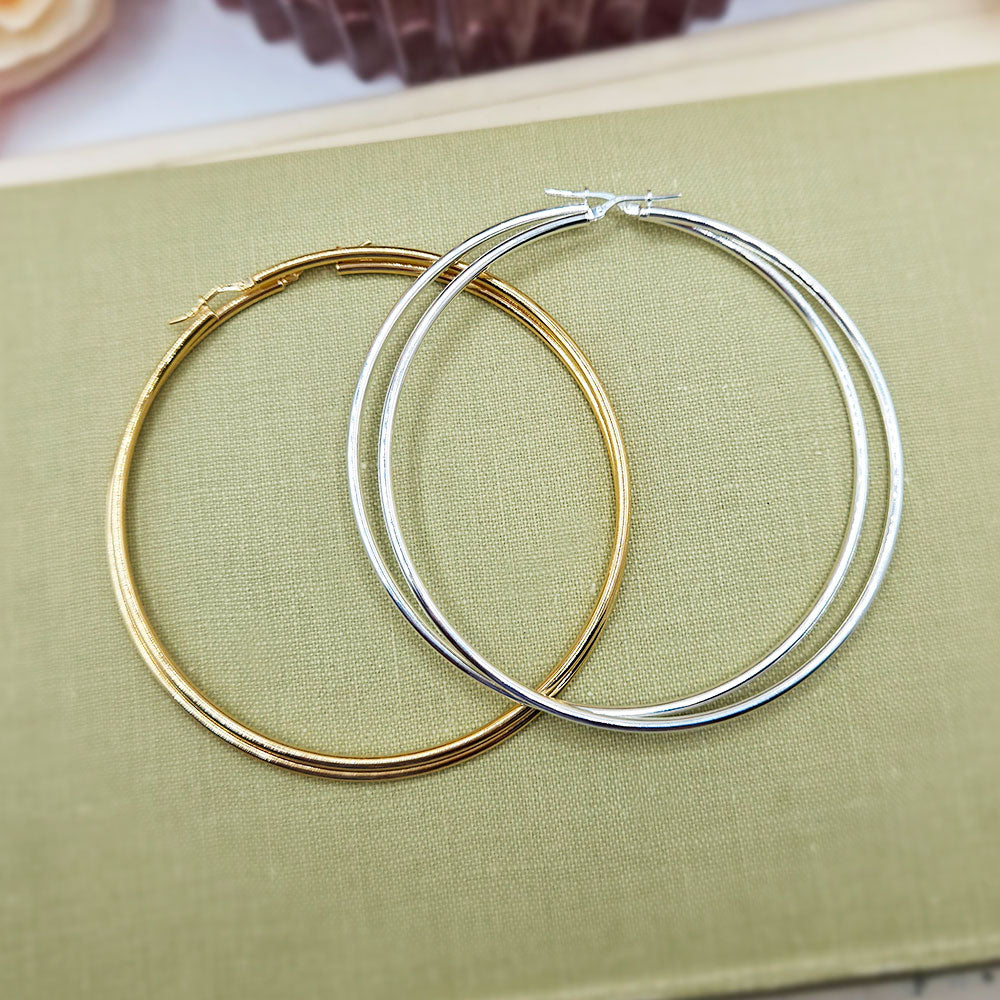 Chunky Silver Hoop Earrings 4 Huge Hoop Earrings – 10cm Plain Gold/Gunmetal Chunky Hoops, Smooth Metal Leverback Earrings, Retro Chic Style Gunmetal Big Hoop Earrings 4 Pack - Foto 7