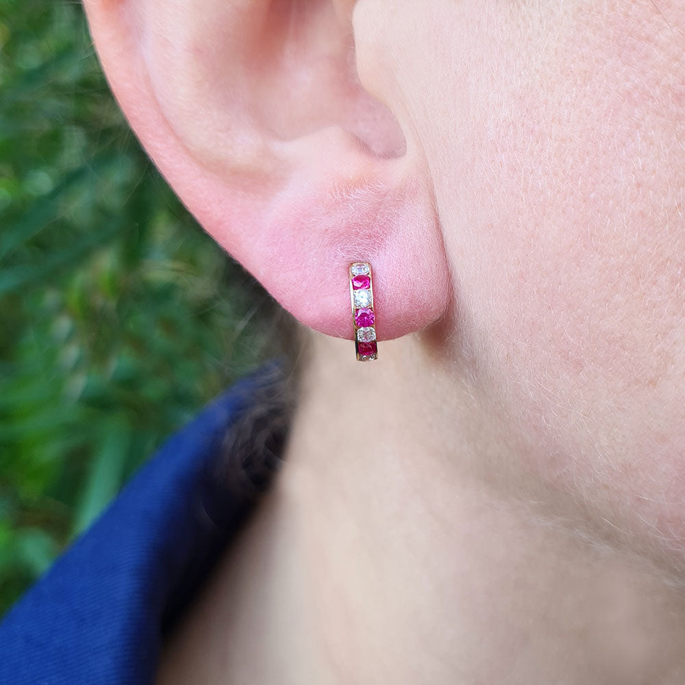 Very Small Huggie Earrings with CZ in Emerald, Sapphire or Ruby Colours