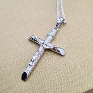 side view of large crucifix necklace in sterling silver