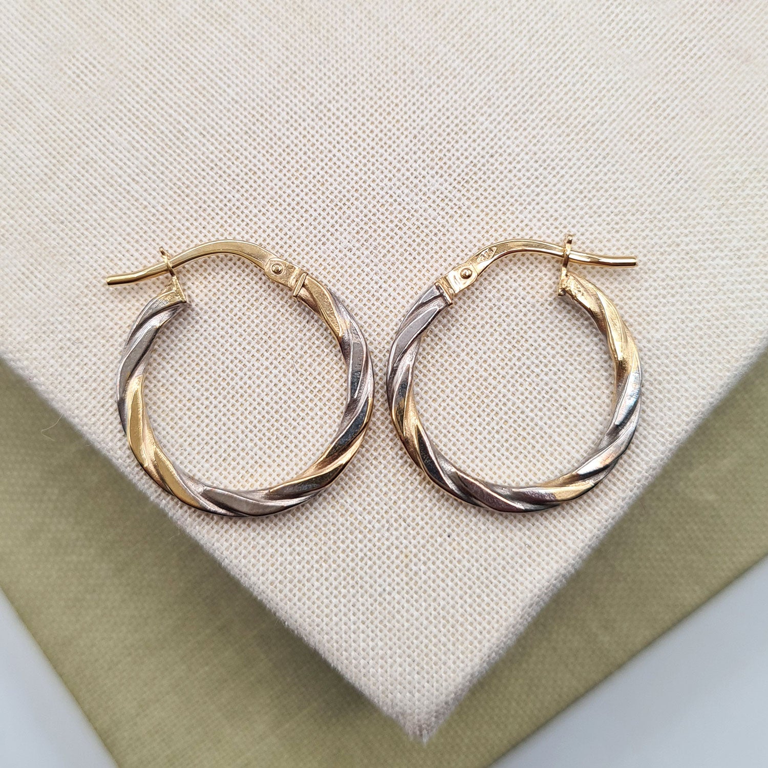 9ct Yellow White Gold Twist Hoop Earrings Lever Back