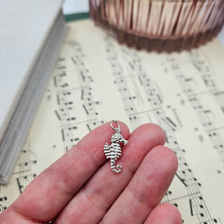 silver seahorse in hand for scale