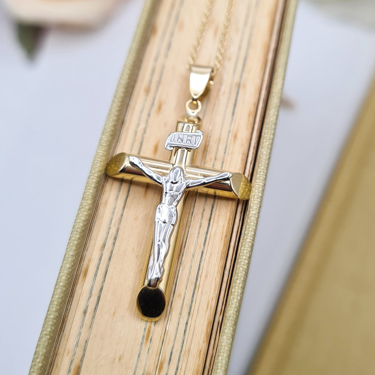 INRI Crucifix Pendant Necklace in 9ct Yellow & White Gold