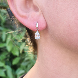 cz pear drop earring being worn