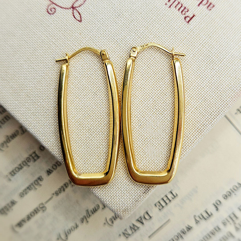 9ct Gold Long Rectangular Creole Hoop Earrings Lightweight