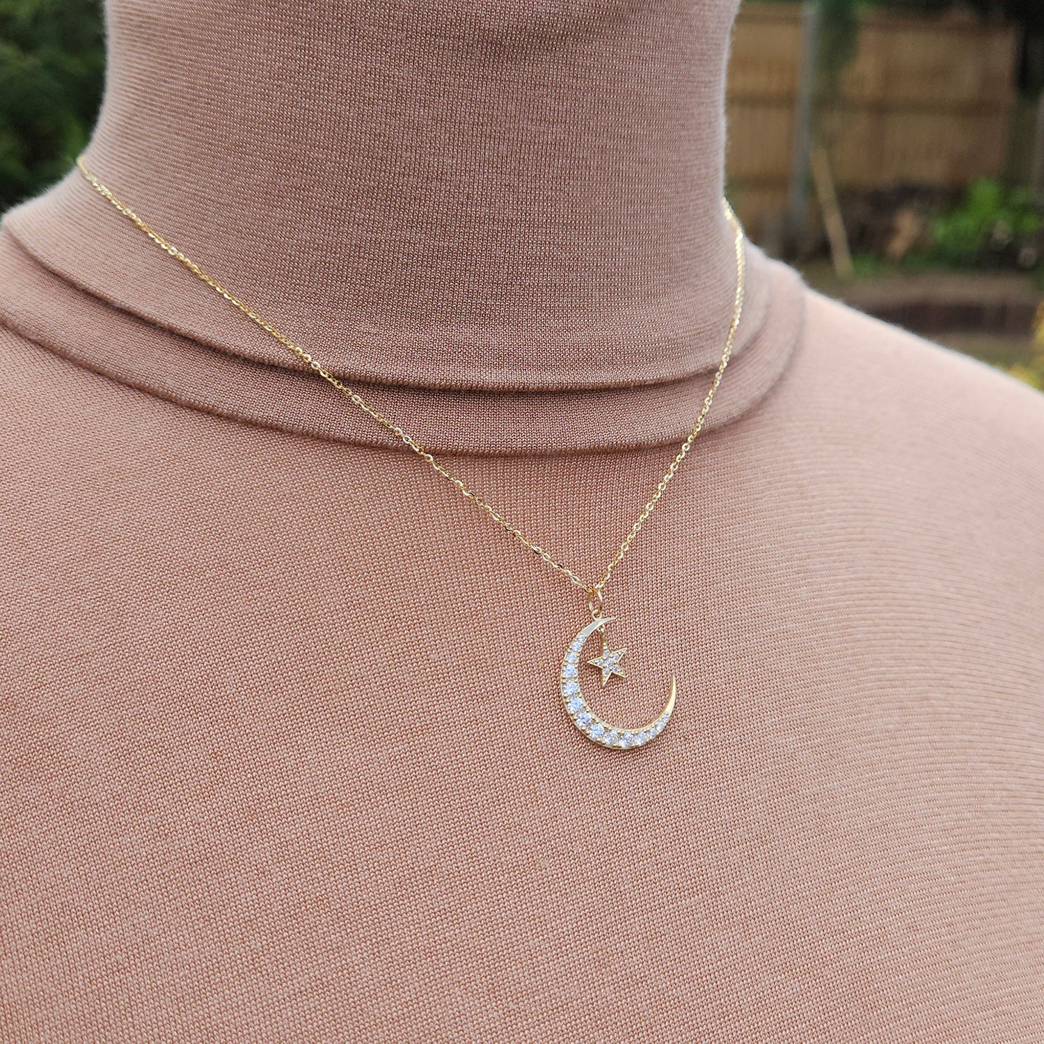 9ct Gold Crescent Moon Star Pendant with CZ Celestial Necklace