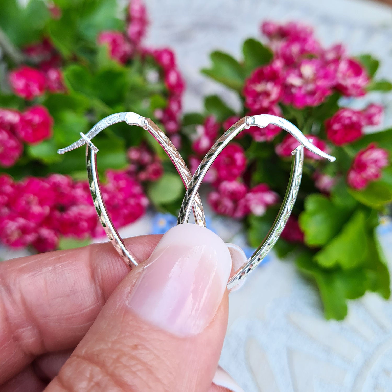 real 925 silver hoop earrings with patterned design