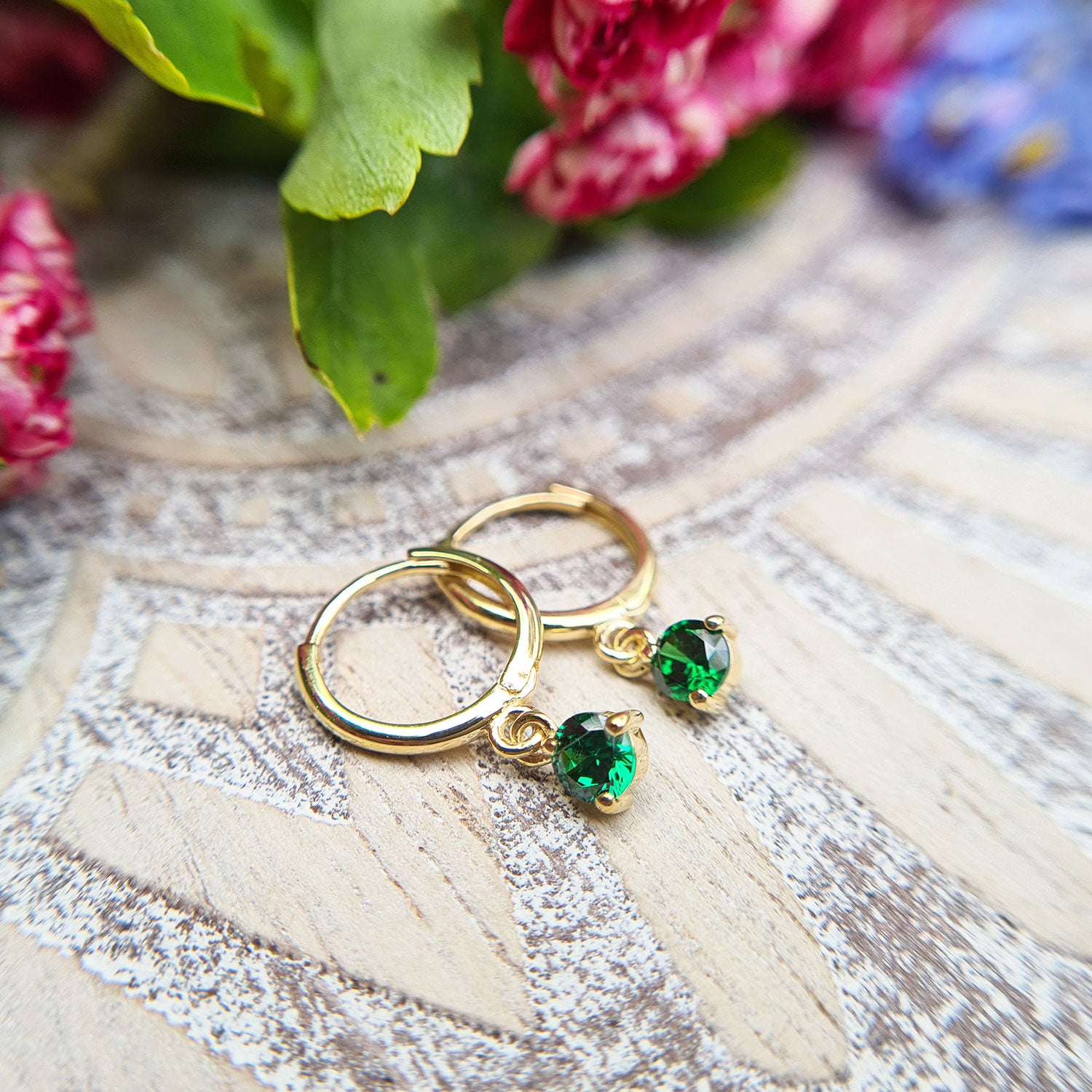 emerald colour cz dangle huggie earrings