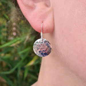 women's dangle earrings with round hammered disc
