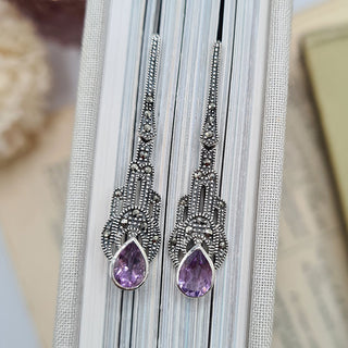 marcasite and amethyst deco drop earrings