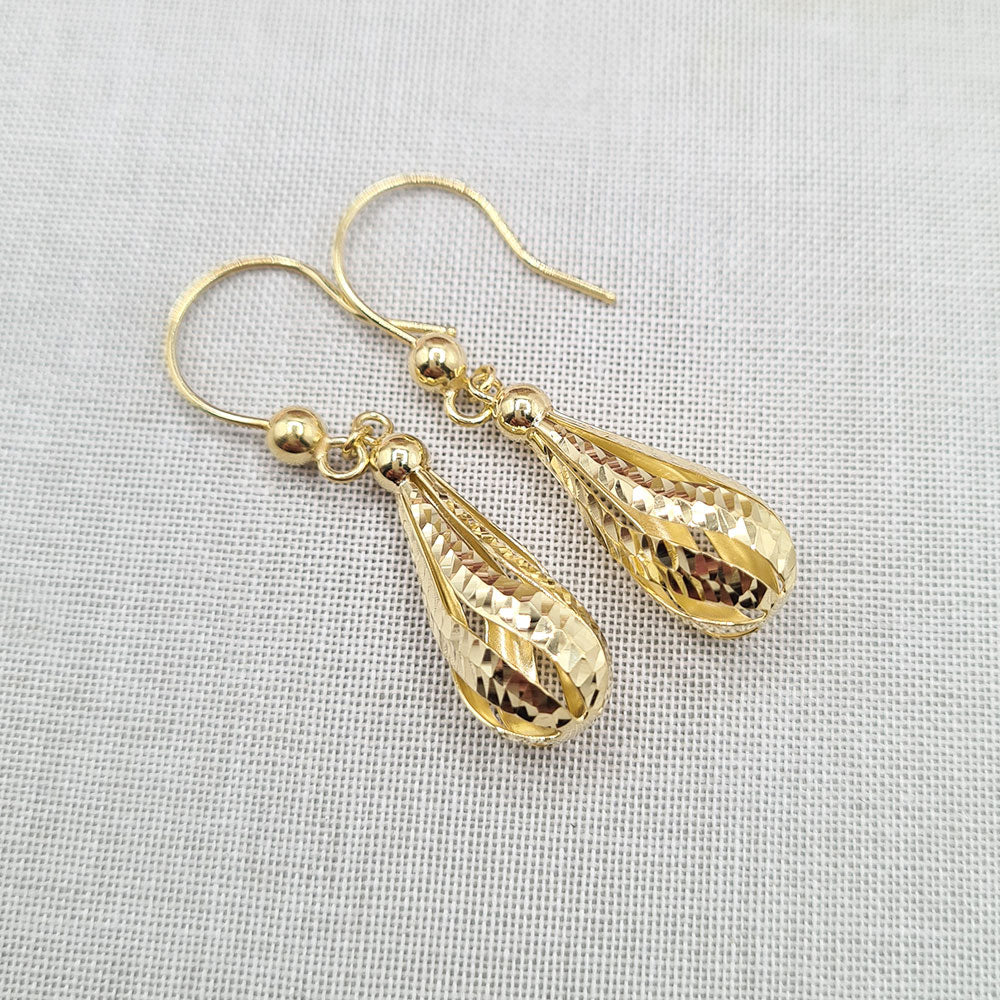 thumbnail image 2 of 9ct Yellow Gold Patterned Drop Hoop Earrings - Victorian Style, Hook Fastening 2 of 6