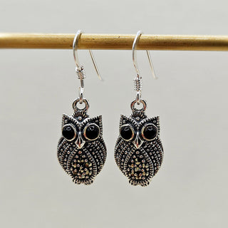 silver owl drop earrings with marcasite