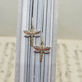 yellow, rose and white gold dragonfly earrings