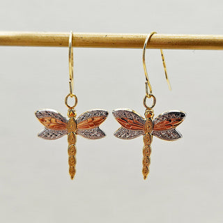 dragonfly earrings in multi tone 9K gold