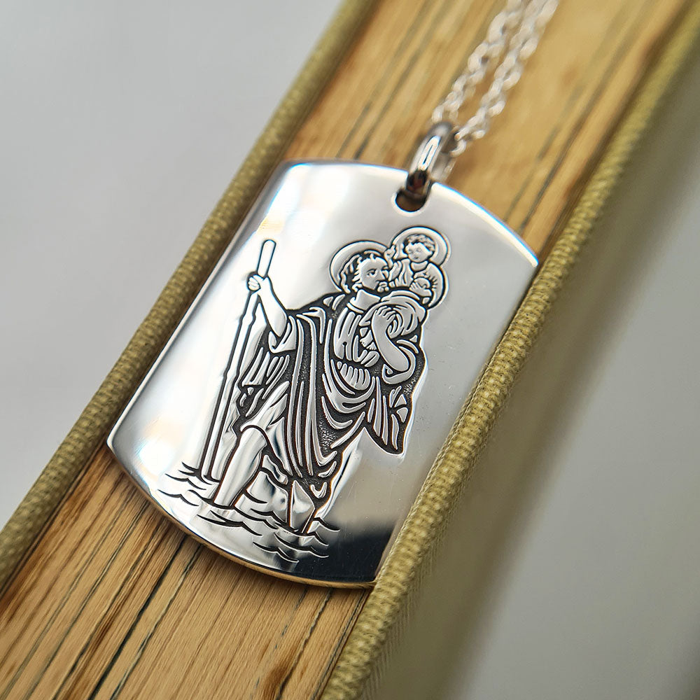 Men's Sterling Silver St Christopher Dog Tag Necklace