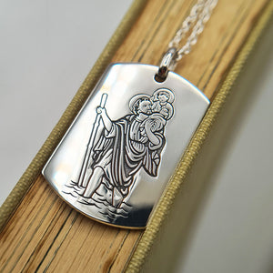 St Christopher dog tag necklace in sterling silver