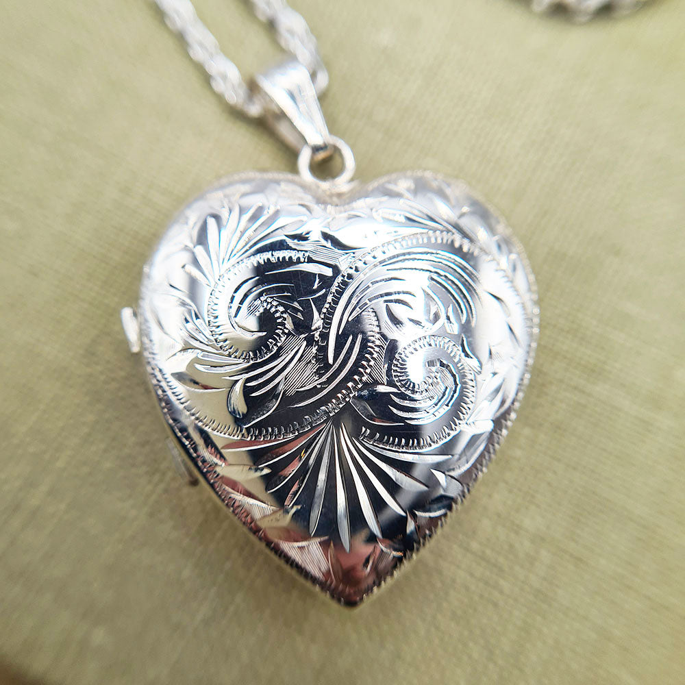 Large Sterling Silver 4 Photo Family Heart Locket Necklace