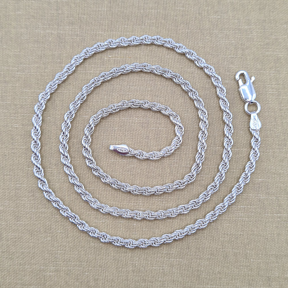 3m Rope Chain 3mm Rope Chain Necklace in Solid Sterling Silver