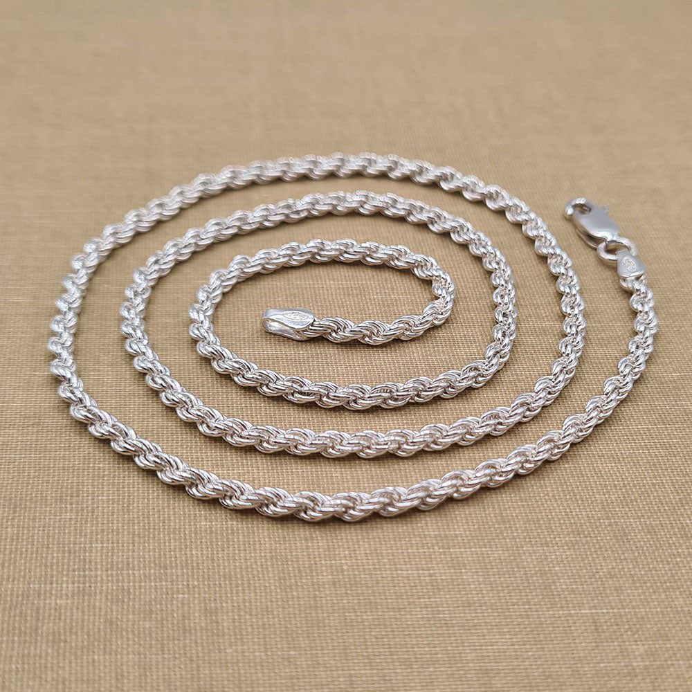 3m Rope Chain 3mm Rope Chain Necklace in Solid Sterling Silver