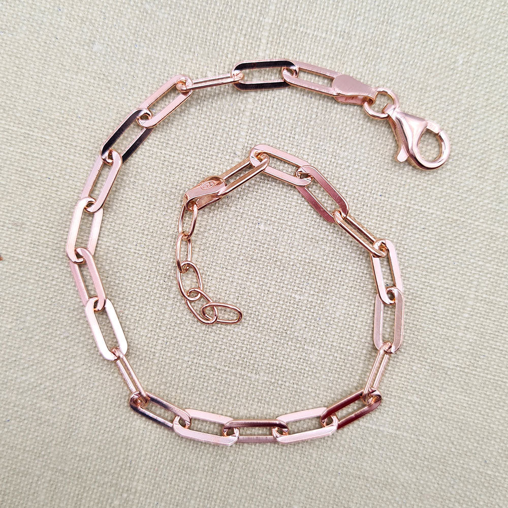 ladies paperclip chain bracelet is rose gold plated silver