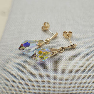 Solid gold drop earrings with aurora borealis crystal