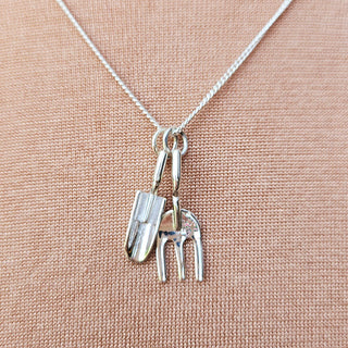 sterling silver gardener's fork and trowel charm necklace