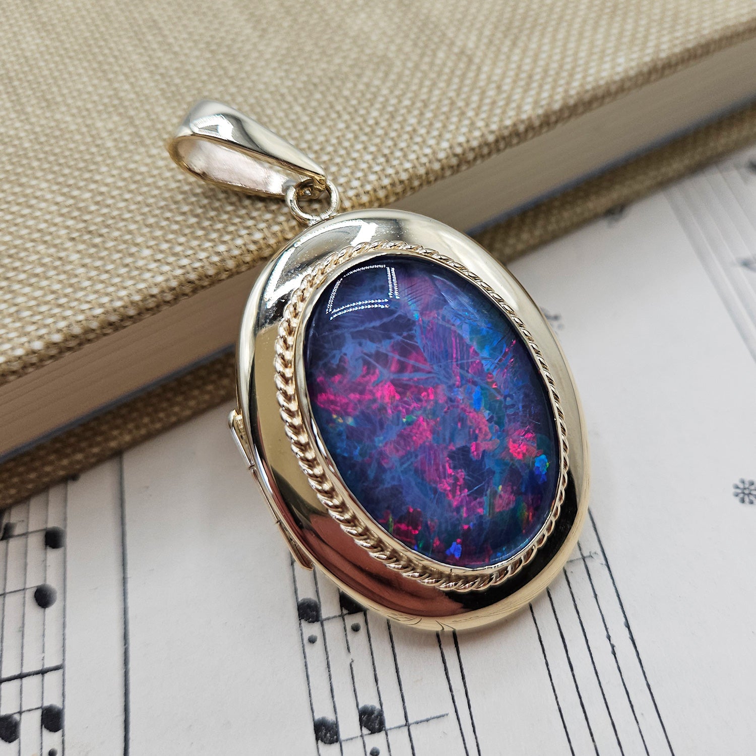 9ct Yellow Gold Black Opal Triplet Locket Hallmarked