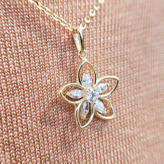 side profile of gold flower pendant