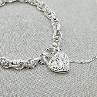 filigree heart padlock on vintage style bracelet