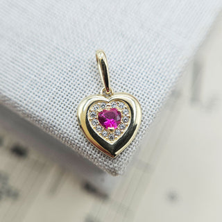 vintage gold heart charm with red and white CZ